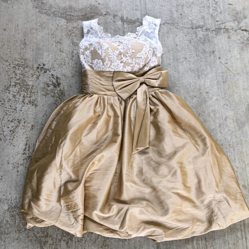 Lace Bodice Gold Prom Dress with Bow Waist